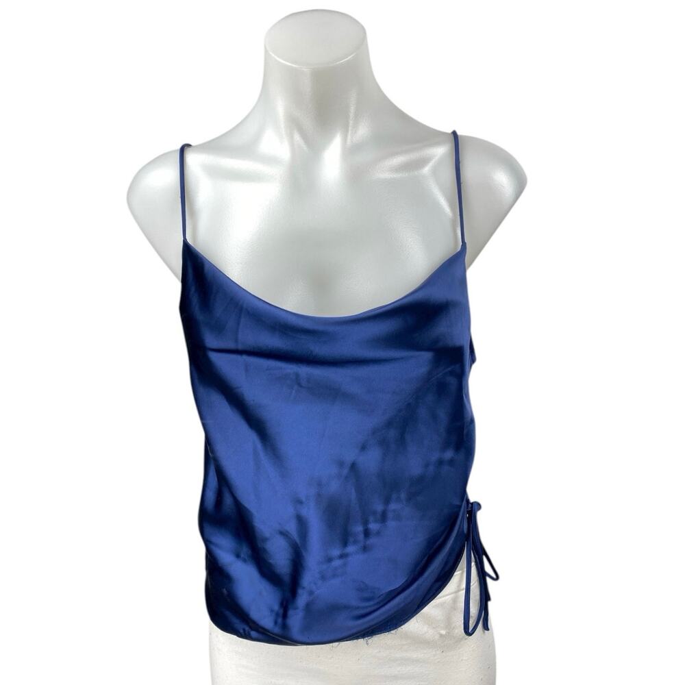 Aqua Women's Blue Silky Satin Sleeveless Cami Camisole Ruched Tie Tank Top Sz XS